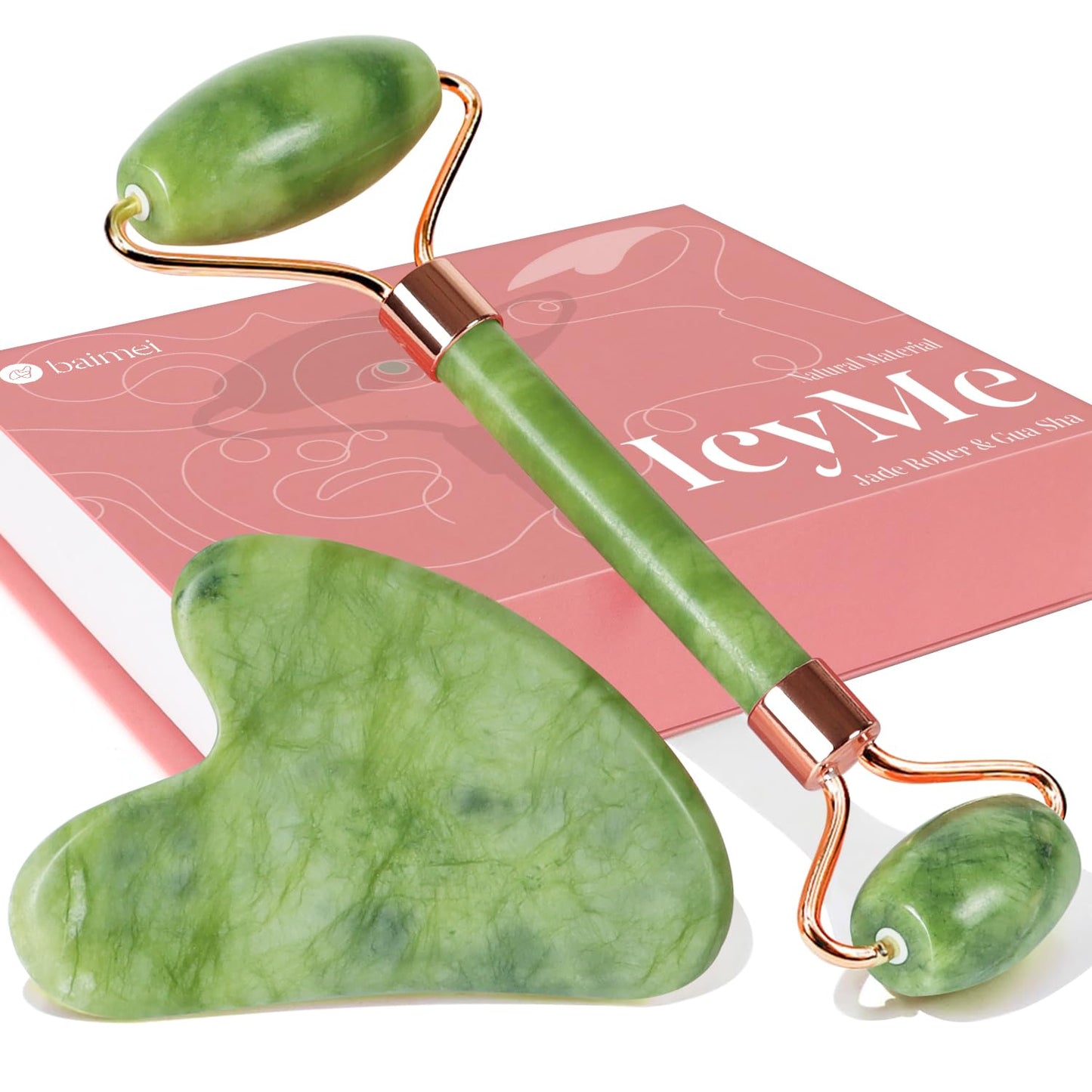 BAIMEI Gua Sha & Jade Roller Facial Tools Face Roller and Gua Sha Set for Puffiness and Redness Reducing Skin Care Routine, Self Care Gift for Men Women - Green