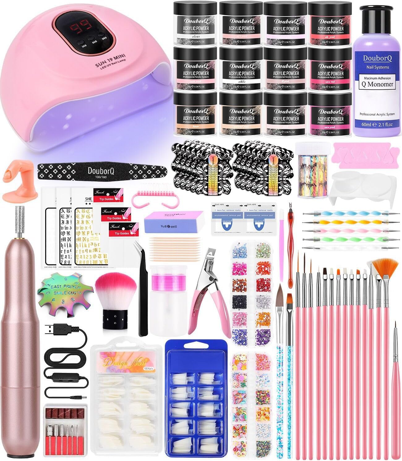 Acrylic Nail Art Kit-Nail Art Manicure Set Acrylic Powder Brush Glitter File French Tips U V Lamp Nail Art Decoration Tools Nail Drill kit for beginners with everything at home