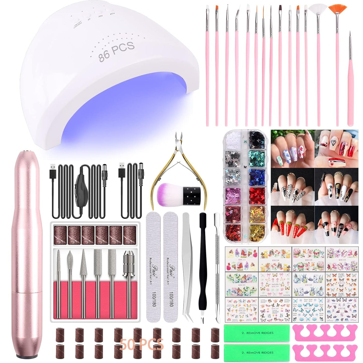 86PCS Acrylic Nail Kit Set with Everything, Professional Electric Nail Drill Machine 48W UV LED Nail Lamp Gel Dryer Lamp, Nail Supplies Art Brushes Decoration Nail Efile Tools for Acrylic Gel Nails