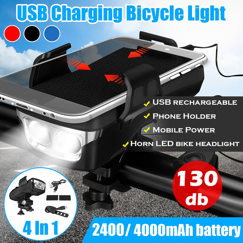 4 in 1 Bicycle Light Rechargeable Phone Holder Bike Horn Bell W/ 4000Mah Battery