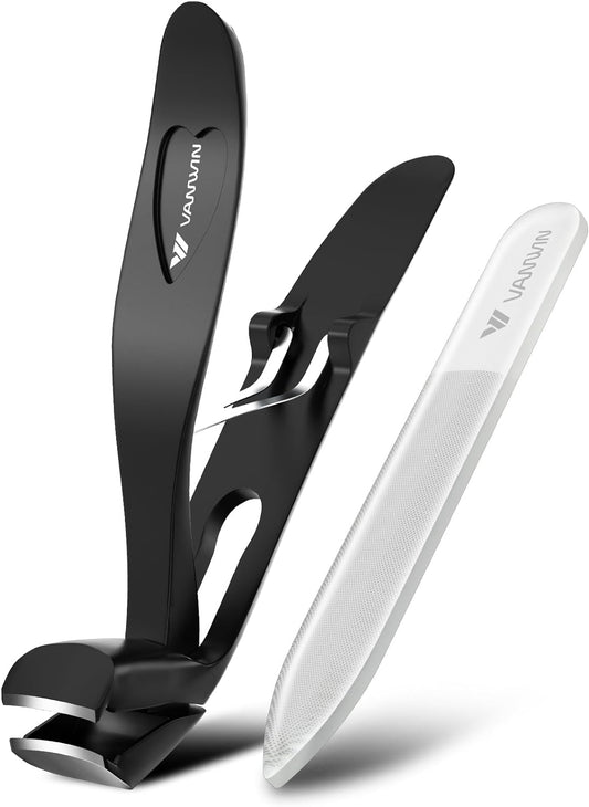Angled Head Nail Clippers for Seniors, Ergonomic Toenail Clippers for Thick Nails with Wide Jaw Opening, Premium Steel Nail Cutter Nail Clippers with Catcher for Men and Women Black