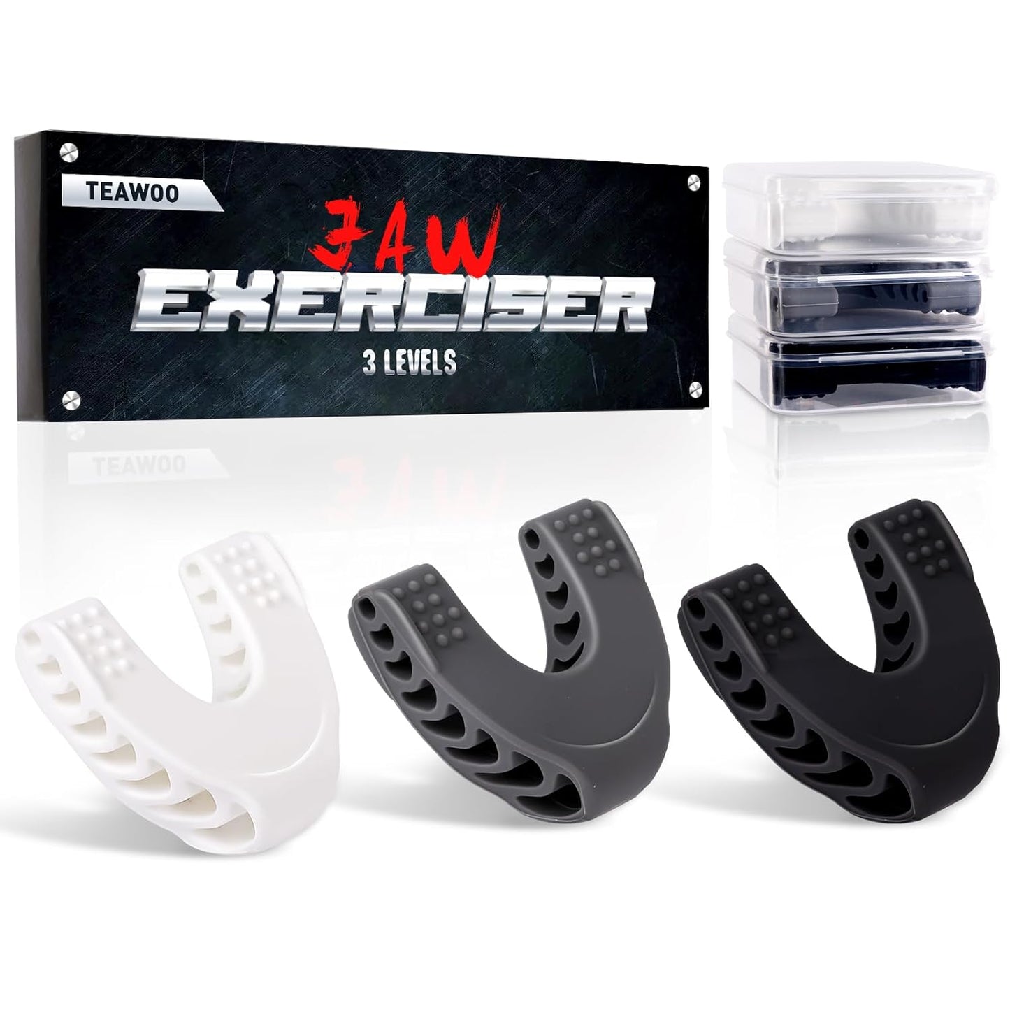 3PCS Jaw Exerciser for Men & Women, 3 Resistance Levels Silicone Jaw Toner for Beginner, Intermediate & Advanced Users, Jawline Exerciser, Jaw Shark Toner (White/Grey/Black)