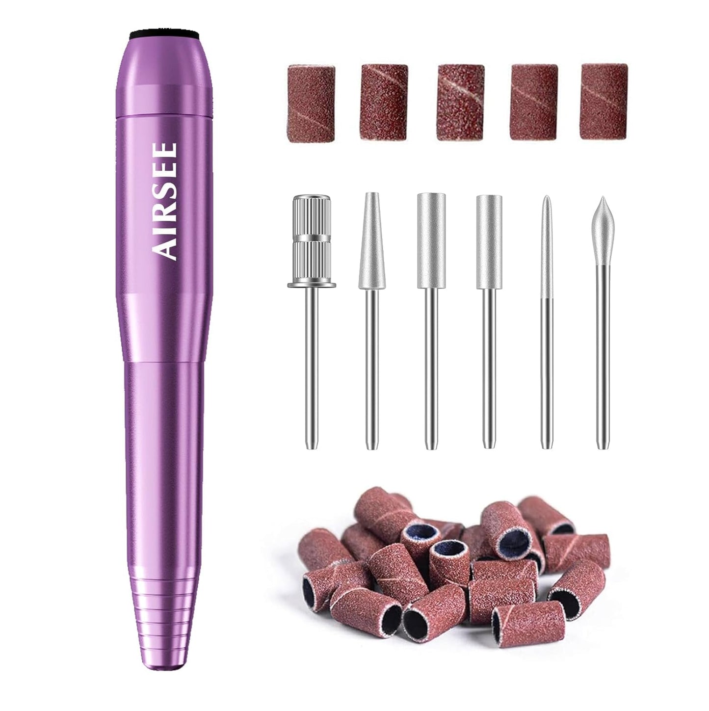 AIRSEE Portable Nail Drill USB Electric File 20000 RPM Adjustable Speed Direction Professional Manicure Pedicure E File Kit with 6 Bits 26 Sanding Bands for Acrylic Gel Polishing Buffing Shaping N14