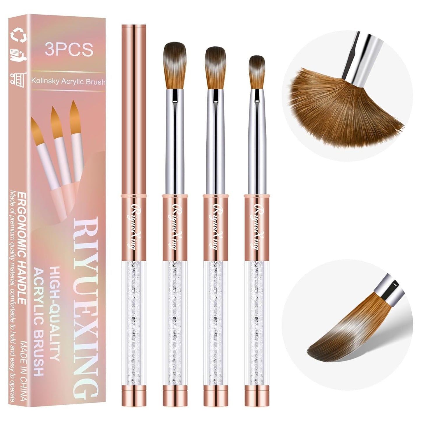 3PCS Acrylic Nail Brush Set, Size 6/10/12. Kolinsky Hair,Oval Crimped Pressed Shaped Acrylic Nail Brushes,Golden Metal Handle Acrylic Powder Brush Set Professional Manicure For DIY Home Salon