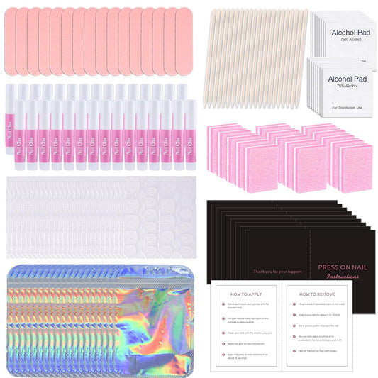 50 Set Press On Nail Tool Prep Kit for Nail Salon Business, Disposable Manicure Kit with Nail File, Buffer, Nail Glue, Prep Pad, Instruction Card, Adhesive Nail Tabs, Wood Stick, Holographic Bag (A)