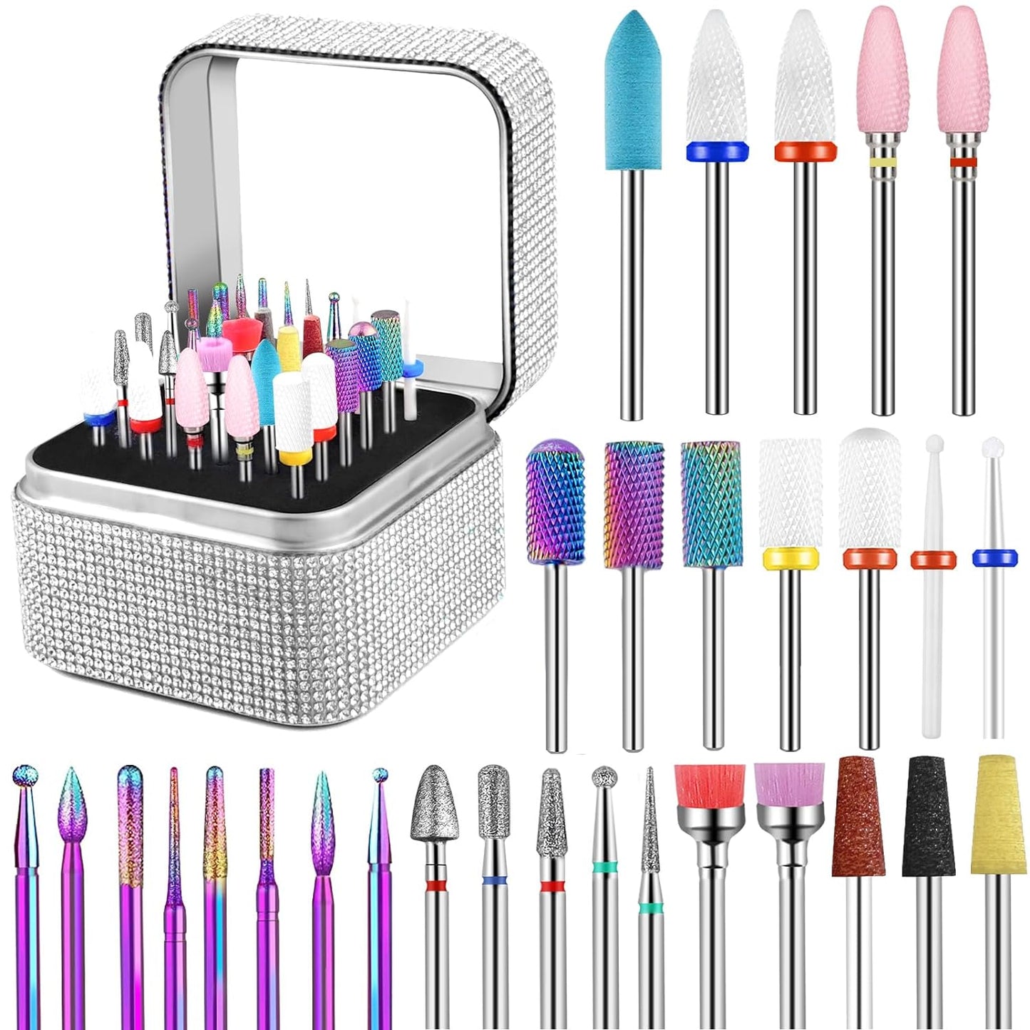 30Pcs Nail Drill Bits Set with Holder, 3/32 Inch Nail Drill Bits for Acrylic Nails, Ceramic Diamond Carbide Cuticle Efile Remover Bits for Home Salon Acrylic Gel Nail Polish
