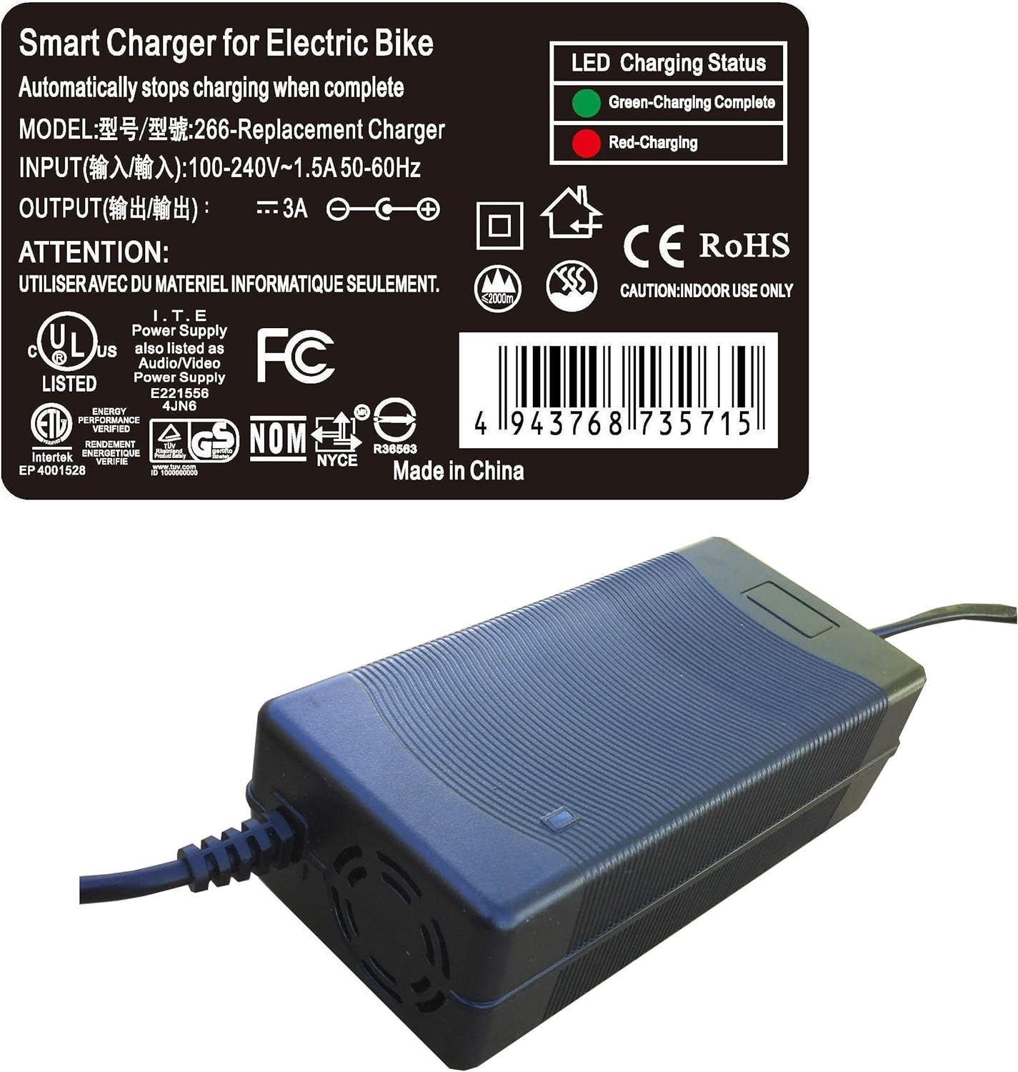 3 Amp Smart Charger for Jetson Bolt and Jetson Bolt Pro Folding Electric Bike ebike
