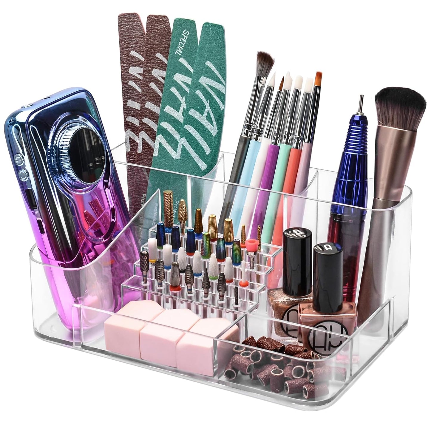 CGBE Nail Drill Machine & Nail Drill Holder, 28 Holes Transparent Acrylic Drill Bit Holder for Nails, Professional Nail Organizer and Storage Box Case (Not Including Nail Drill Machine & Bit)